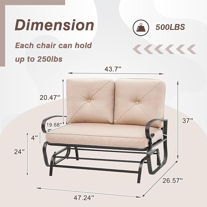 Outdoor Glider Rocking Bench 2 Person Patio Loveseat Steel Frame Furniture Set for Patio, Garden, Yard - Photo 3