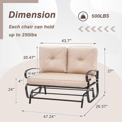 Outdoor Glider Rocking Bench 2 Person Patio Loveseat Steel Frame Furniture Set for Patio, Garden, Yard, Porch with Resistant Cushions (Brown)