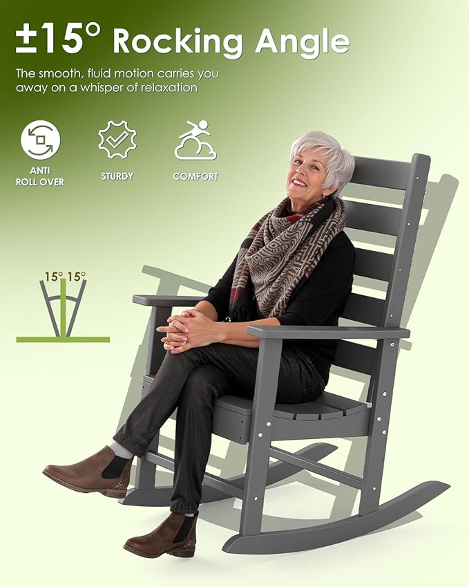 GREENVINES Outdoor-Rocking-Chair | HDPE Plastic | Patio Rockers | Porch Rocker Chairs | Shaker | Oversized | High Ladder Back | Big & Tall | PentaLuxe | Grey