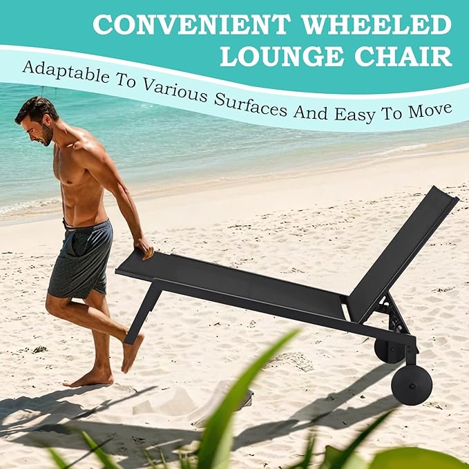 EROMMY Outdoor Lounge Chairs Set of 2 with Wheels – Adjustable Backrest Chaise Lounge, Lightweight Waterproof Pool Furniture for Patio, Garden & Beach