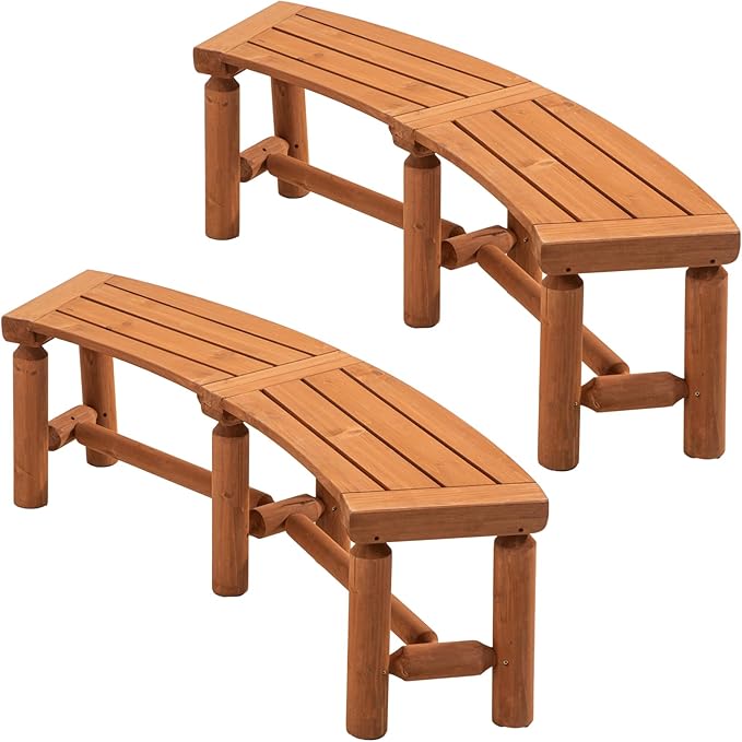 FORTUNO Outdoor Wooden Curved Backless Porch Bench Rustic Style Cedar/Fir Wood Log Fire Pit Bench for Patio Garden Deck - Photo 1