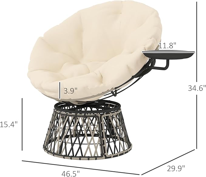 Outsunny 39" Outdoor Papasan Chair with Side Tray, 360° Swivel Overstuffed Circle Chair with Thickened Cushion, Wicker Lounger with Steel Frame for Indoor, Patio, Beige