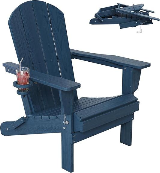 Outdoor Folding Adirondack Chair Set of 1 for Patio Fire Pit, Wooden Textured HDPE Adjustable Chairs with Cup Holder, Waterproof All Weather Resistant Plastic for Pool Lawn Garden Backyard(NavyBlue)