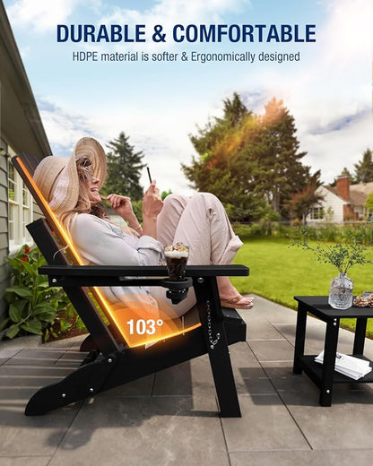 Folding Adirondack Chair Set of 2, Thicker Plate|Higher Back Plastic Adirondack Chairs with Cup Holder, Composite Chair Weather Resistant for Outdoor, Patio, Lawn, Fire Pit Chairs(Black)