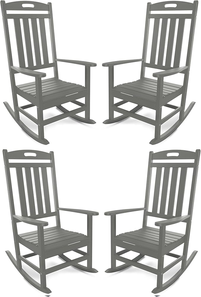 Outdoor Rocking Chair Set of 4, All-Weather Resistant Poly Lumber Rocker Chair Outdoor, High Back Plastic Patio Rocking Chairs for Outside Porch Rocker Garden Lawn, Slate Grey