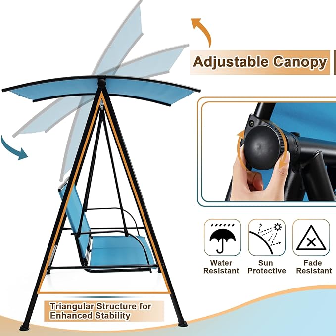 Tangkula 2 Person Porch Swing, Patio Swing with Adjustable Canopy, Comfortable Fabric Seat & Heavy-Duty Steel Frame - Photo 6