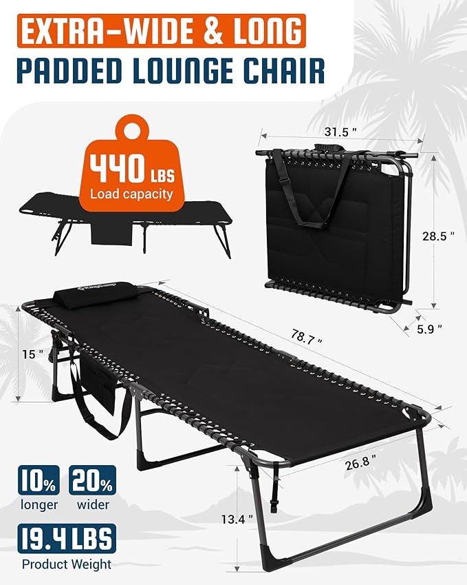 KingCamp Oversized Tanning Chair, Extra-Wide Padded Folding Chase Lounge Chairs Portable Adjustable 5-Position 440lbs Heavy Duty Lounger with Double-Layer Oxford for Outdoor Beach Patio Sun Pool Black