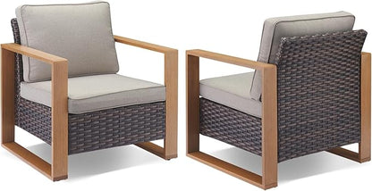 Rilyson Outdoor Wicker Patio Furniture Set - 5 Piece Patio Conversation Set with 2 Wicker Armrest Chairs,2 Rattan Ottoman and 1 Couch,Sturdy Frame,Thick Cushions,Deep Seating(Brown/Grey)