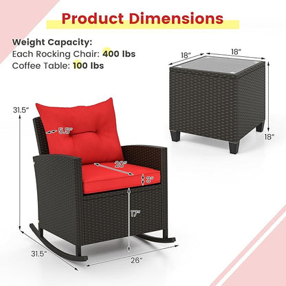 Tangkula 3 Piece Wicker Rocking Set, Patio Rattan Roker Chairs with Tempered Glass Table & Soft Cushions, Outdoor Furniture Set for Backyard, Poolside Porch (Red)