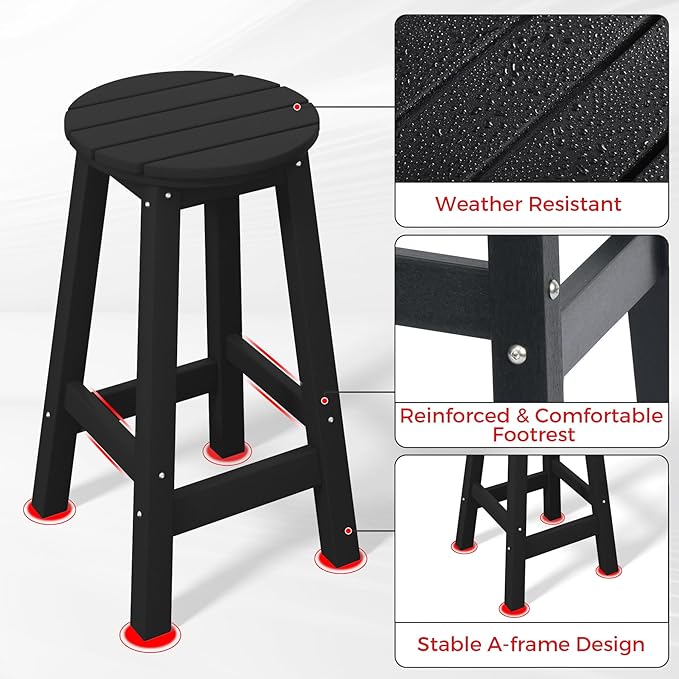 Costaelm 24" Height Outdoor Bar Stools, All-Weather Bar Stools, Adirondack Poly Patio Round Bar Stool for Patio, Deck, Kitchen Counter and Garden, Black