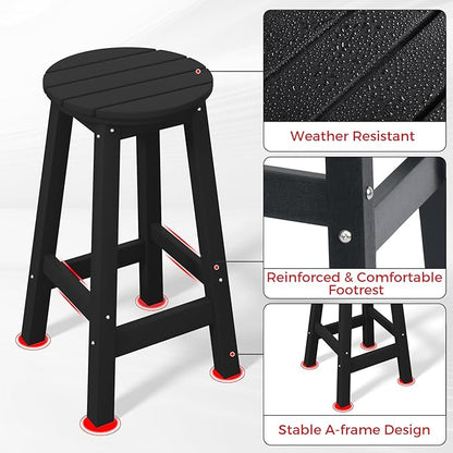 Costaelm 24" Height Outdoor Bar Stools, All-Weather Bar Stools, Adirondack Poly Patio Round Bar Stool for Patio, Deck, Kitchen Counter and Garden, Black