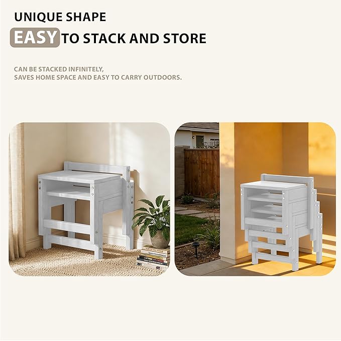 Stackable HDPE Foot Stool - All-Weather Indoor/Outdoor Seating for Patio, Living Room & Bathroom, Waterproof Windproof Heavy-Duty High-Density PE Step Stool, 2 Sets, White