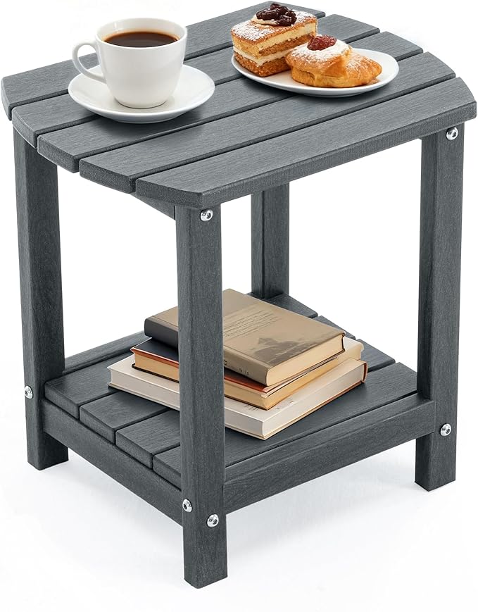 Adirondack Small Outdoor Side Table - Weatherproof HDPE Patio End Table with 2-Tier Storage for Firepit, Balcony, Garden, Poolside or Bathroom (Grey, Set of 1)