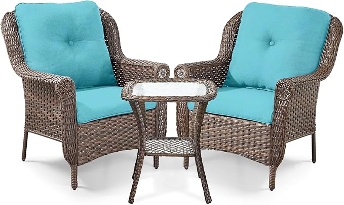3 Piece Patio Brown Wicker Chairs with Side Table - Outdoor High Back Heavy Duty All-Weather Lawn Dining Rattan Chair - Photo 1
