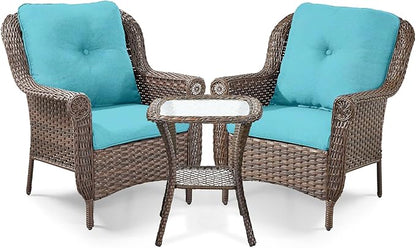 3 Piece Patio Brown Wicker Chairs with Side Table - Outdoor High Back Heavy Duty All-Weather Lawn Dining Rattan Chair Conversation Bistro Set for Deck Porch Balcony Backyard Garden - Turquoise