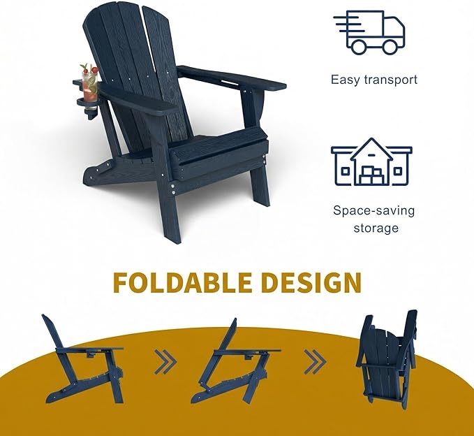 Kingdura Folding Adirondack Chairs Set of 4, Portable HDPE Outdoor Patio Chair with Wooden Textured & Cup Holder, Weather Resistant, 380LBS Capacity for Pool, Backyard, Balcony, Fire Pit (Navy Blue)