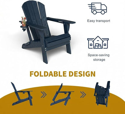 Kingdura Folding Adirondack Chairs Set of 2, Portable HDPE Outdoor Patio Chair with Wooden Textured & Cup Holder, Weather Resistant, 380LBS Capacity for Pool, Backyard, Balcony, Fire Pit (Navy Blue)