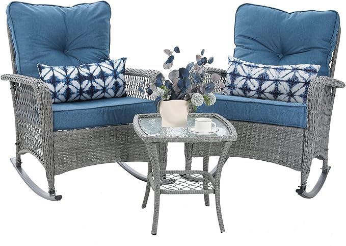 Patio Furniture Set 3 Pieces, Wicker Rocking Bistro Set with Thick Cushions, Outdoor Rocker Chairs and Coffee Table for Porch, Backyard or Garden (Blue)