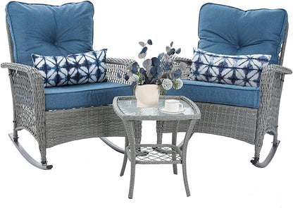 Patio Furniture Set 3 Pieces, Wicker Rocking Bistro Set with Thick Cushions, Outdoor Rocker Chairs and Coffee Table for Porch, Backyard or Garden (Blue)