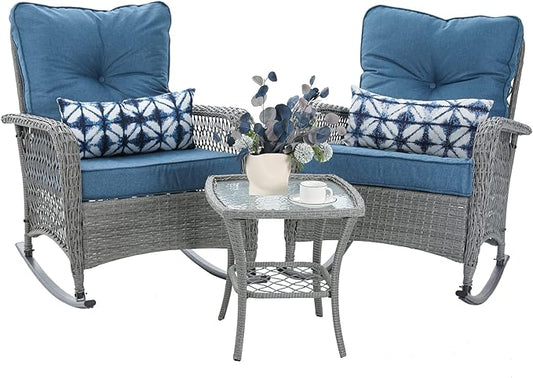 Patio Furniture Set 3 Pieces, Wicker Rocking Bistro Set with Thick Cushions, Outdoor Rocker Chairs and Coffee Table for Porch, Backyard or Garden (Blue)