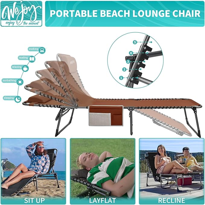 #WEJOY Folding Lounge Chair Outdoor, 5-Position Adjustable Sunbathing Tanning Chair with Shoulder Strap & Side Pocket - Photo 3