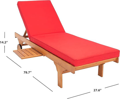 SAFAVIEH Outdoor Collection Newport Natural/ Red Cushion Built-in Side Table Adjustable Chaise Lounge Chair