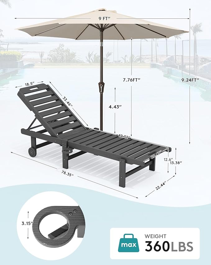SERWALL Outdoor Chaise Lounge Set of 2 with 9FT Patio Umbrella - Photo 2