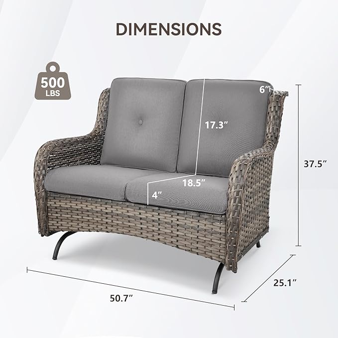 Patio Loveseat Wicker Loveseat Rattan Glider Sofa with Curved Armrest Thicking Back & Seat Cushions for Garden Balcony Backyard Grey Wicker|Grey Cushions (A) Patio Loveseat Glider