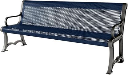 COATEDOUTDOORFURNITURE Heavy-Duty Outdoor Bench Thermoplastic Coated, Punched Steel, Commercial-Grade Garden Bench, Made in America (Portable with Back, 6 Ft, Textured Dark Blue)