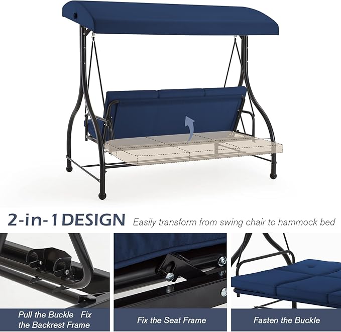 AECOJOY Porch Swing Chair, 3 Seats Porch Swing Adjustable Canopy Outdoor Swing with Stand Patio Swing Bed with - Photo 2
