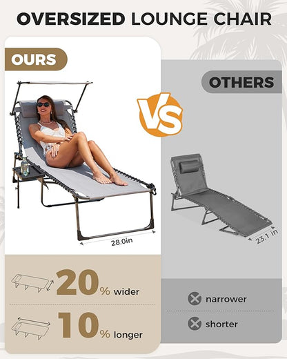 KingCamp Oversized Padded Chase Lounge Chairs, Extra-Wide Folding Tanning Chair Adjustable 5-Position 400lbs Heavy Duty Lounger with Double-Layer Oxford Canopy Shade for Outdoor Beach Patio Sun Pool