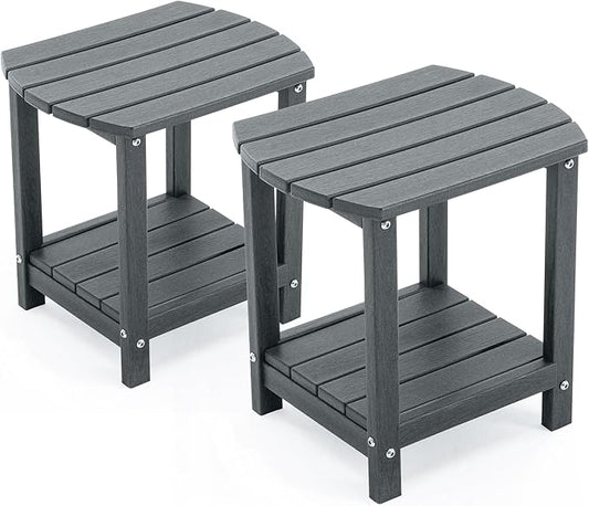 Adirondack Small Outdoor Side Table - Weatherproof HDPE Patio End Table with 2-Tier Storage for Firepit, Balcony, Garden, Poolside or Bathroom (Grey, Set of 2)