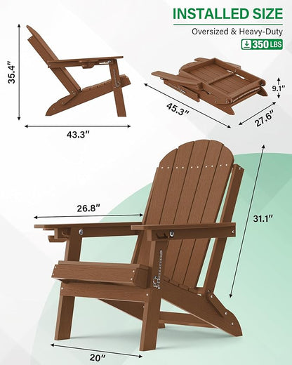 YEFU Folding Adirondack Chair for Outdoor: Plastic Foldable Fire Pit Chair with Cup Holders & Adjustable Backrest - Sturdy All-Weather HDPE for Outside Patio Poolside - Easy Assembly(Teak)