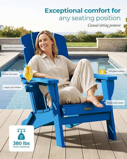 Folding Adirondack Chair, HDPE All-Weather Fire Pit Chairs, Plastic Adirondack Chairs with 2 Cup Holder, Outdoor Lawn Chair for Patio Garden (Royal Blue)