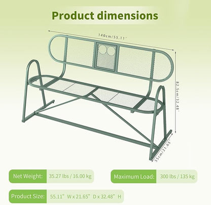 Outdoor Bench, Metal Mesh Garden Bench with Foldable Middle Table, 55" Weather Resistant Patio Park for 2-3 People, Decorative Porch Chair for Yard, Deck, and Lawn, Sage Green
