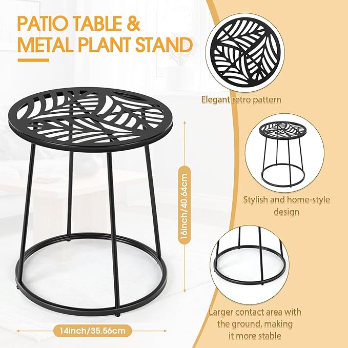 Outdoor Side Table with Flower Cut Outs 14" Weather Resistant Metal Patio Side Tables Small Plant Stand Round Outdoor End Table for Patio Outside Porch Balconies Garden(Black,Hollow Leaf)