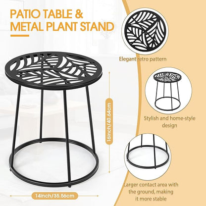 Outdoor Side Table with Flower Cut Outs 14" Weather Resistant Metal Patio Side Tables Small Plant Stand Round Outdoor End Table for Patio Outside Porch Balconies Garden(Black,Hollow Leaf)