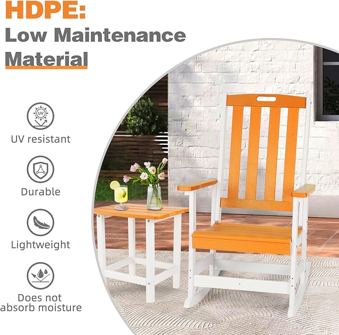 Aoodor Outdoor Rocking Chair, Ergonomic HDPE Rockers with All-Weather Design for Patio or Porch, Clashing Colors, Orange and White,Set of 4