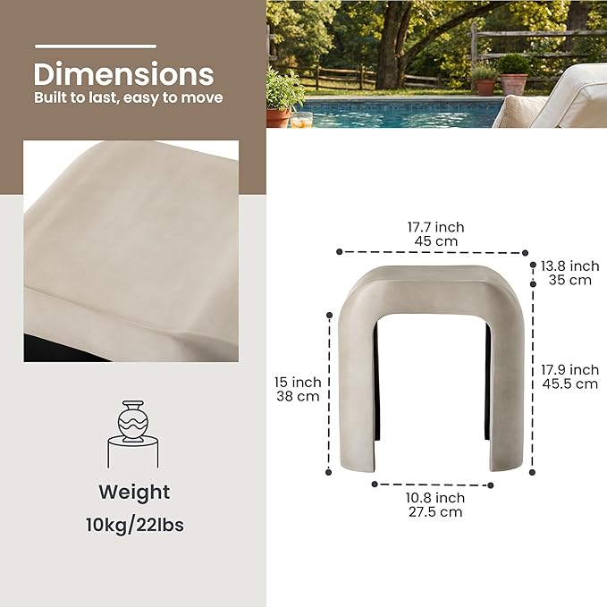 HOMPUS Outdoor Side Table w U-Shaped, Concrete Side Table Lightweight, Round Patio MgO Coffee End Table, Modern Accent Vintage Garden Stand for Indoor Outdoor Use, Grey