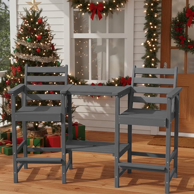 Tall Adirondack Chairs Set of 2, Bar Height HDPE Outdoor Chairs with Connecting Tray & Umbrella Hole, Balcony Patio Adirondack Chairs for Deck, Garden, Lawn (Gray)