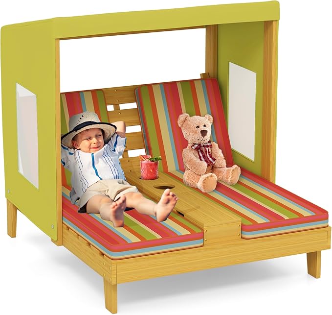 Costzon Kids Lounge Chair Outdoor, Wood Double Seat Chaise Lounge with Canopy, Cup Holders, Cushion, Backrest Recliner - Photo 1
