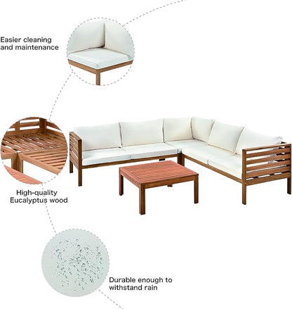 Quarte 4 Piece Outdoor Patio Conversation Furniture Set, Wood Sectional Sofa Set with Water Resistant Cushions/Coffee Table, Garden Backyard Poolside L Shape Corner Sofa Set…