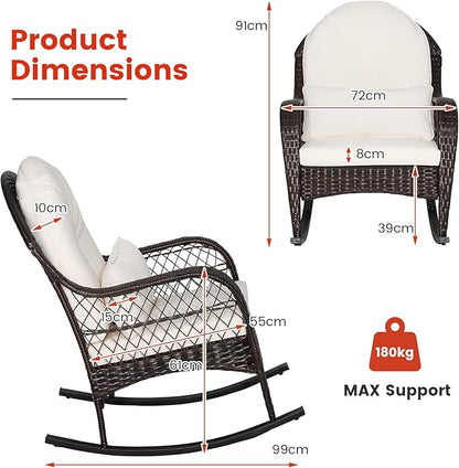 ORALNER Patio Wicker Rocking Chair, Outdoor PE Rattan Rocker with Seat and Back Cushion, Waist Pillow, Armrests, Garden Chair for Porch, Backyard, Poolside, Deck (1, Off White)
