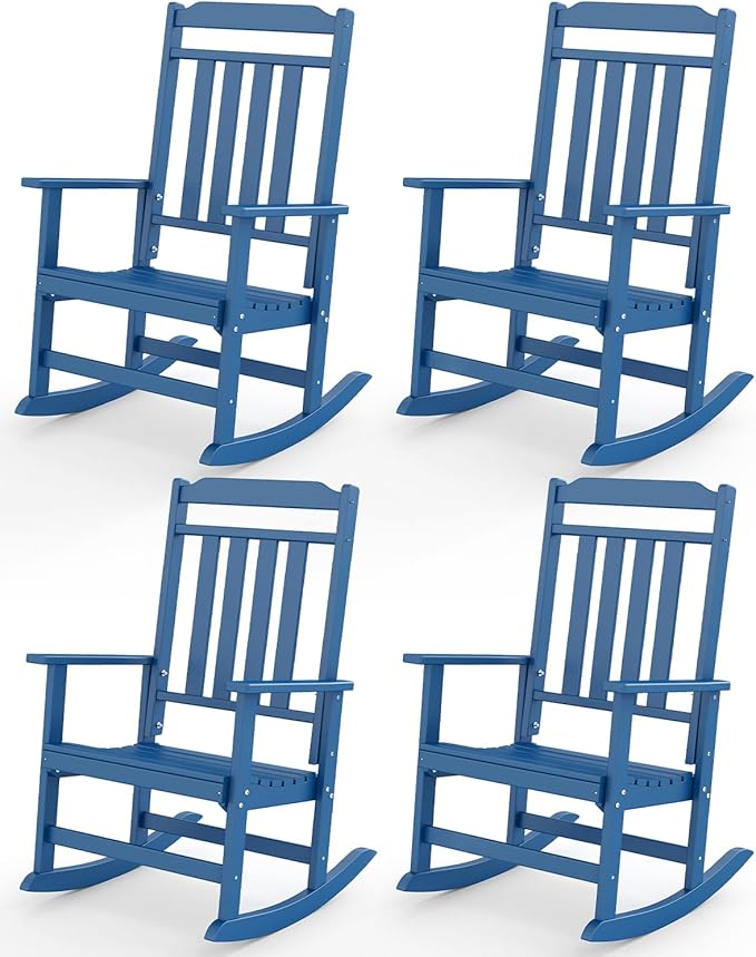 GREENVINES Outdoor-Rocking-Chairs-Set-of-4 | HDPE Plastic | Patio Rockers | Porch Rocker Chair | Oversized | High Back | Big & Tall | Blue