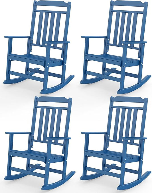 GREENVINES Outdoor-Rocking-Chairs-Set-of-4 | HDPE Plastic | Patio Rockers | Porch Rocker Chair | Oversized | High Back | Big & Tall | Blue