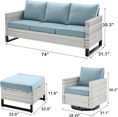 Rilyson Wicker Outdoor Patio Furniture Set - 7 Piece Patio Conversation Set with 4 Swivel Rocker Chairs,2 Rattan Ottoman and 1 Couch for Outside Porch Deck Backyard(Light Grey/Sky Blue)