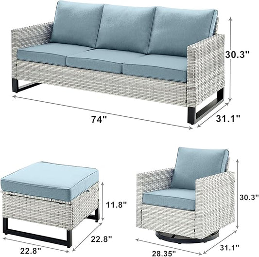 Rilyson Wicker Outdoor Patio Furniture Set - 7 Piece Patio Conversation Set with 4 Swivel Rocker Chairs,2 Rattan Ottoman and 1 Couch for Outside Porch Deck Backyard(Light Grey/Sky Blue)