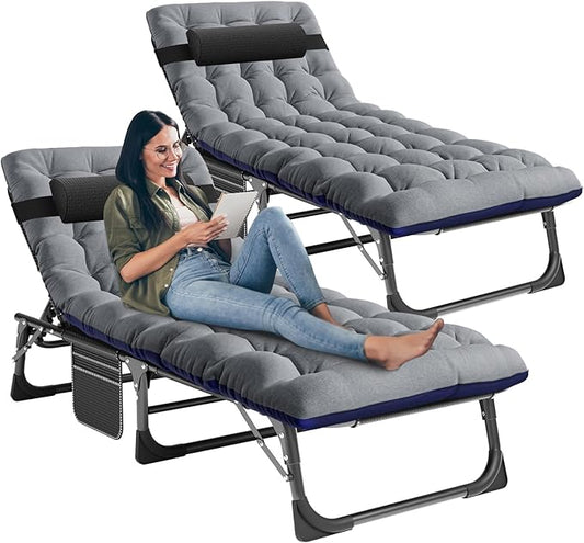 LILYPELLE Folding Outside Chaise Lounge Chair with Mattress, 5 Position Adjustable Patio Folding Lounge Chair Reclining Chairs Perfect for Outside, Sunbathing, Camping, Pool, Beach, Patio, Light Gray