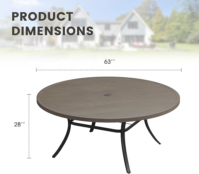 Outdoor Dining Table for 8, 63" Round Outdoor Table with Adjustable Umbrella Hole, All-Weather Metal Patio Dining Table for Lawn Garden Backyard Deck, Grey