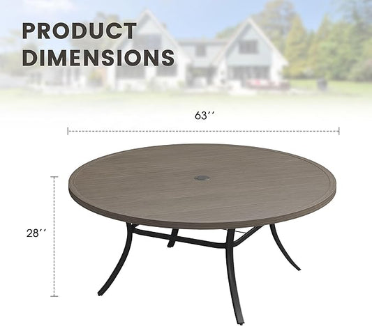Outdoor Dining Table for 8, 63" Round Outdoor Table with Adjustable Umbrella Hole, All-Weather Metal Patio Dining Table for Lawn Garden Backyard Deck, Grey